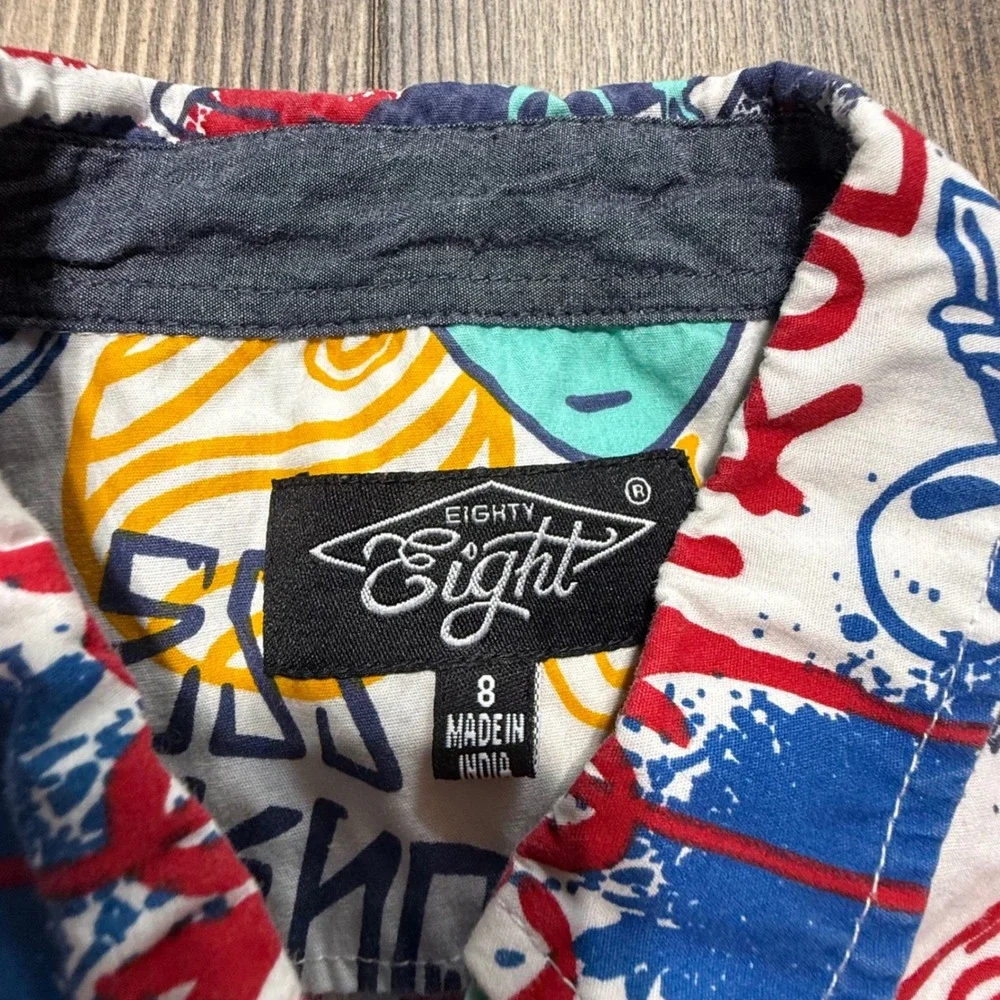 Eighty Eight Boys Graffiti Alien Space Print Short Sleeve Button Down Shirt 8